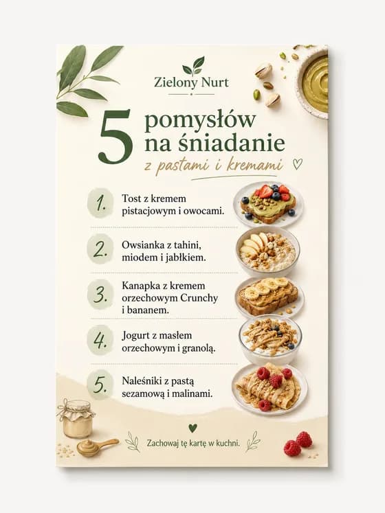 Karta A6 z pięcioma pomysłami na śniadanie z pastami i kremami