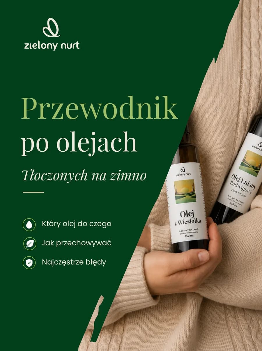 Okładka przewodnika po olejach tłoczonych na zimno: butelki oleju z wiesiołka i lnianego w dłoniach